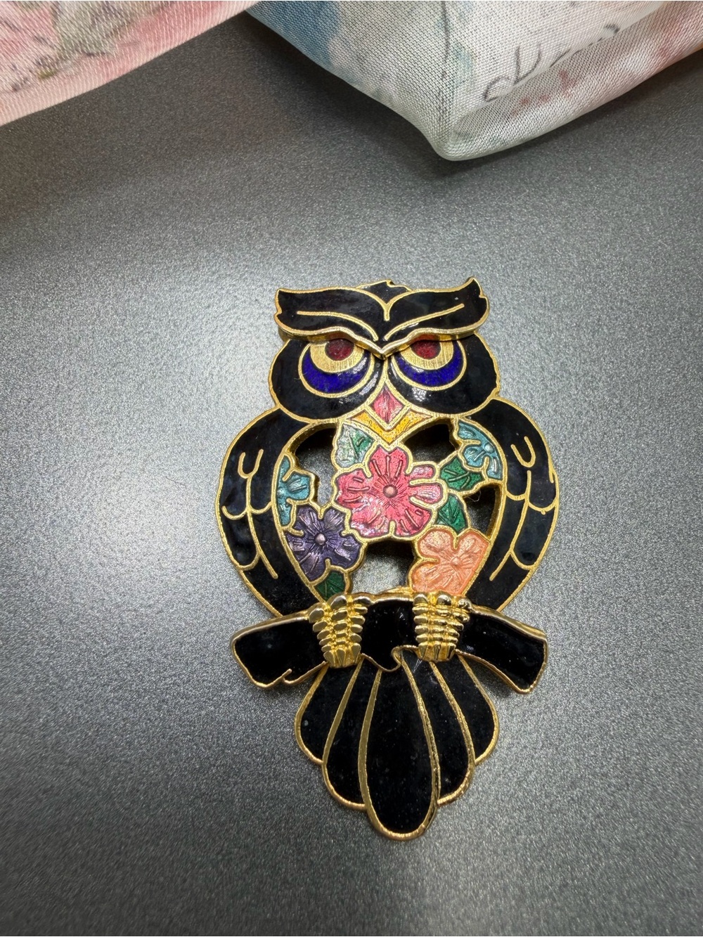 Vintage Cloisonne Black Owl Enamel Brooch #151CLO